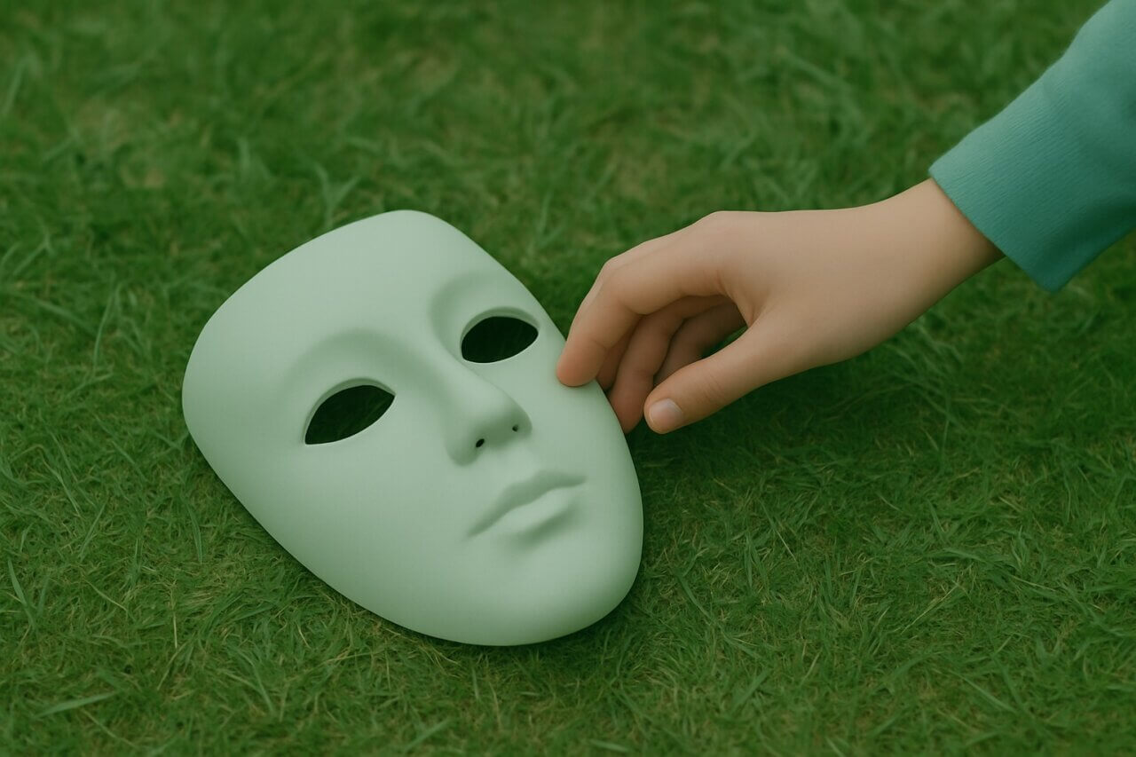 Hand berührt weisse maske auf grüner Wiese-Symbol für unechte Rollen