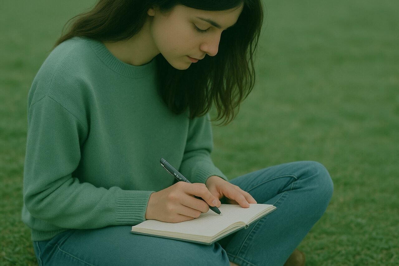 Frau schreibt in ein Notizbuch- Symbol für Selbstannahme und Achtsamkeit.