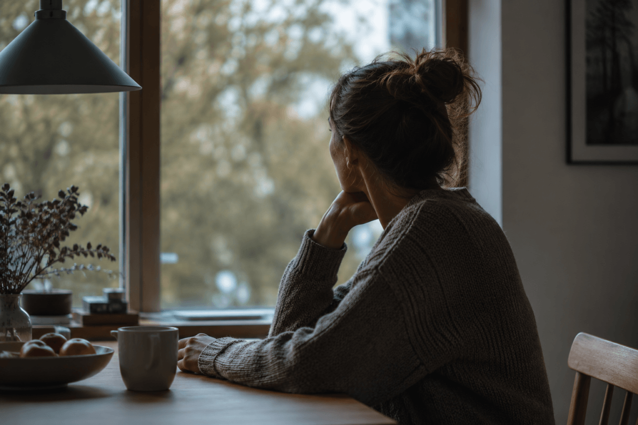 Eine Person sitzt ruhig an einem Tisch und blickt nachdenklich aus dem Fenster. Die Szene wirkt still, warm und emotional tiefgehend.