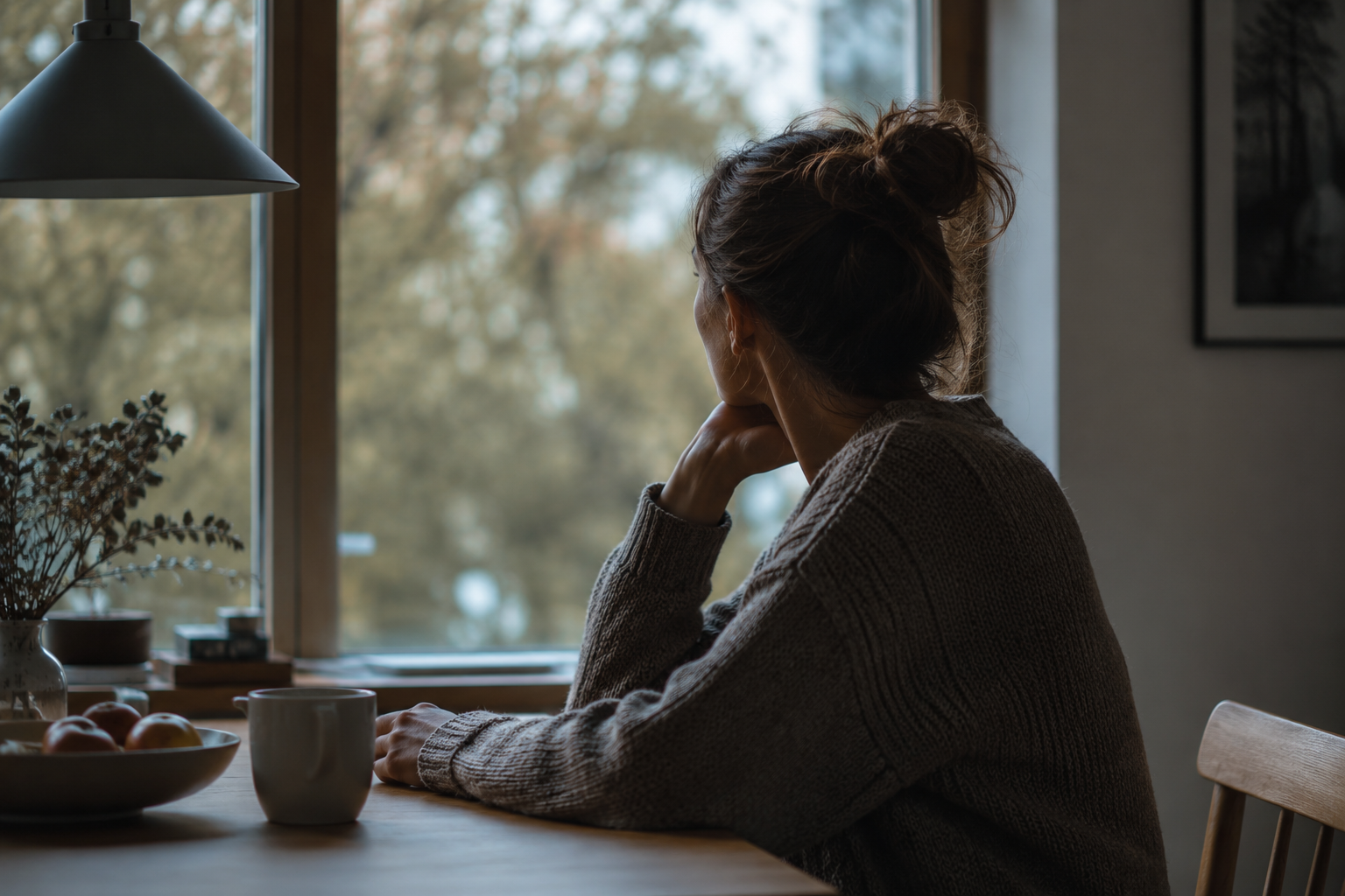 Eine Person sitzt ruhig an einem Tisch und blickt nachdenklich aus dem Fenster. Die Szene wirkt still, warm und emotional tiefgehend.