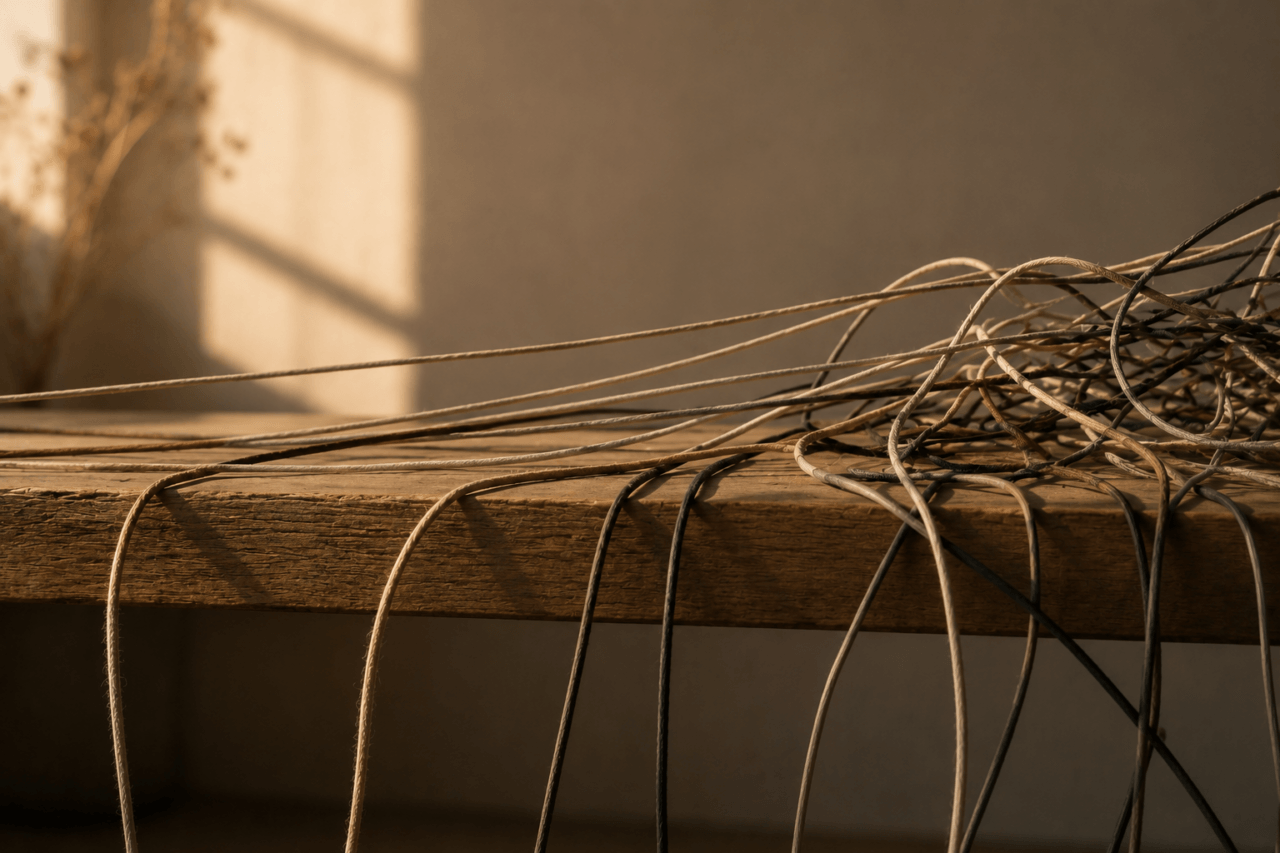 Feine Kabel und textile Schnüre liegen gespannt und teilweise verknotet über einer Holztischkante im warmen Abendlicht.