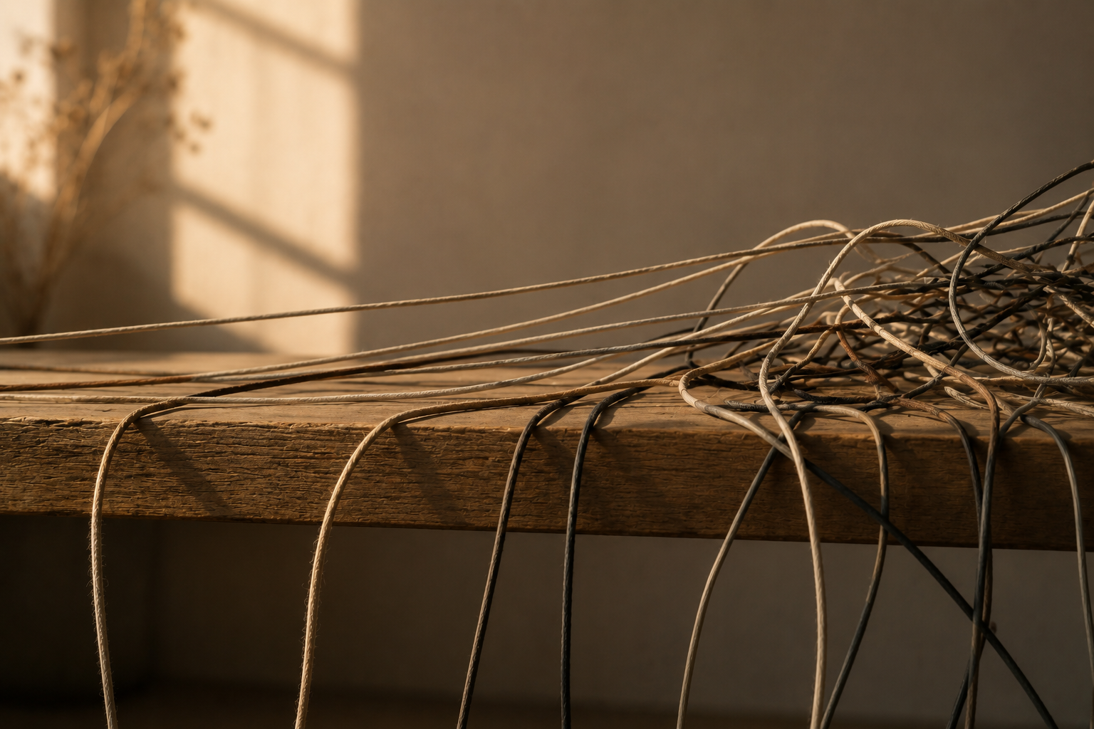 Feine Kabel und textile Schnüre liegen gespannt und teilweise verknotet über einer Holztischkante im warmen Abendlicht.