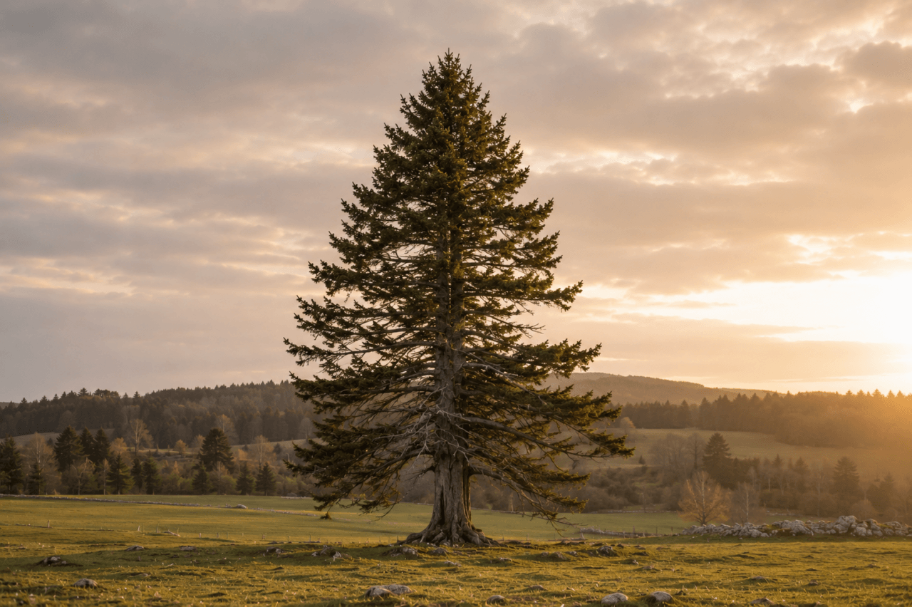 Eine einzelne Tanne steht auf einer weiten Jura-Wiese im warmen Abendlicht, umgeben von sanften Hügeln und ruhigem Himmel.