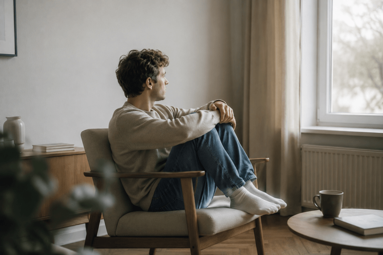 Mensch sitzt still und zurückgezogen in einem Sessel und blickt nachdenklich aus dem Fenster – Symbolbild für emotionale Erstarrung, Rückzug und Dauerstress.