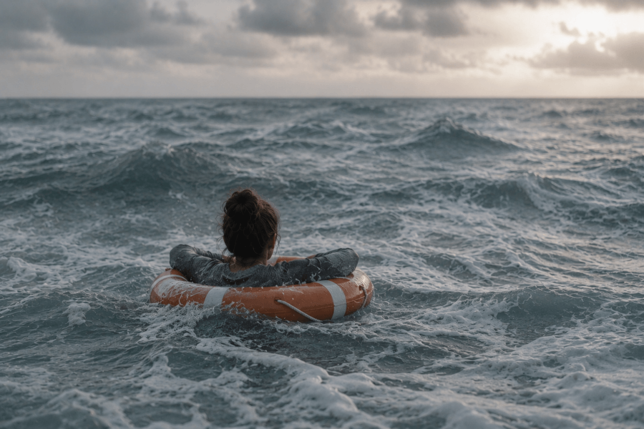 Mensch hält sich ruhig an einem Rettungsring im Meer fest – Symbolbild für Dauerstress, Überforderung und das Gefühl, sich über Wasser zu halten.