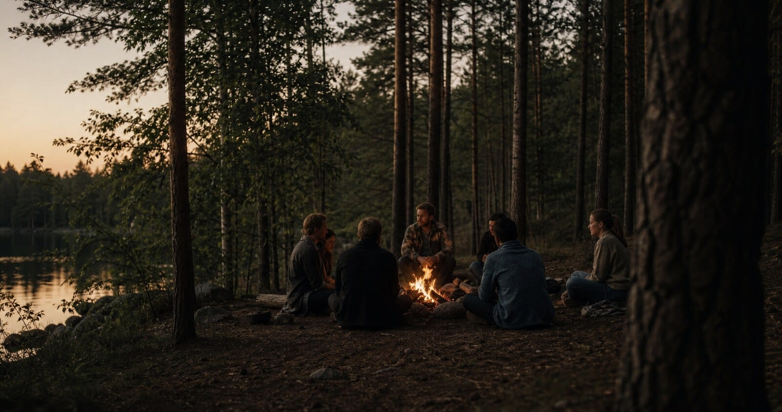 Menschen sitzen gemeinsam an einem Feuer im Wald