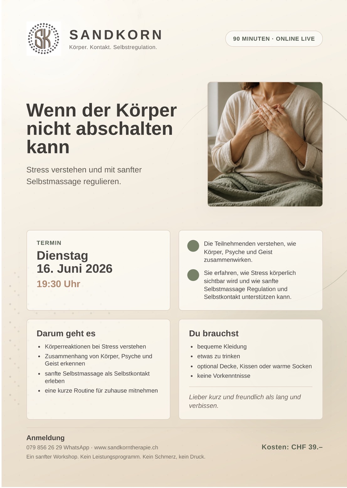 Flyer zum Online-Workshop „Wenn der Körper nicht abschalten kann“ von Sandkorn. Thema: Stress verstehen und mit sanfter Selbstmassage regulieren. Termin: Dienstag, 16. Juni 2026, 19:30